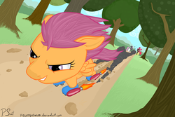 Size: 3000x2000 | Tagged: safe, artist:dappercat-uk, apple bloom, scootaloo, sweetie belle, g4, cutie mark crusaders, high res, perspective, rocket, rocket skates, smoke, this will end in tears and/or death and/or covered in tree sap, tree sap and pine needles