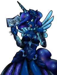 Size: 650x850 | Tagged: safe, artist:dragonfruitdarigan, princess luna, anthro, g4, clothes, convention art, dress, earring, female, horn, horn jewelry, jewelry, nan desu kan, piercing, simple background, solo