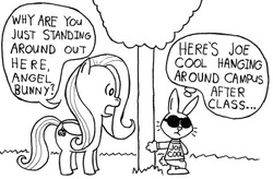 Size: 695x456 | Tagged: safe, artist:samueleallen, angel bunny, fluttershy, g4, charles m schulz, joe cool, lineart, monochrome, peanuts, style emulation, sunglasses