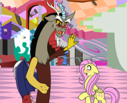 Size: 2272x1848 | Tagged: safe, artist:chibi-n92, artist:nstone53, discord, fluttershy, draconequus, pegasus, pony, fanfic:bride of discord, g4, angry, colored, cross-popping veins, crying, duo, female, floppy ears, male, mare, raised hoof, wings