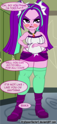 Size: 1914x4167 | Tagged: safe, artist:professordoctorc, aria blaze, human, equestria girls, g4, my little pony equestria girls: rainbow rocks, aria blob, baka, bbw, belly, blushing, clothes, dialogue, fat, female, hips, miniskirt, muffin top, pigtails, skirt, solo, thigh highs, tsundaria, tsundere, twintails, wide hips, zettai ryouiki
