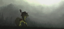 Size: 2500x1171 | Tagged: safe, artist:ncmares, applejack, g4, applebutt, applejack's hat, butt, cowboy hat, female, fog, glowing, grass, hat, mountain, plot, scenery, solo, staff, tree