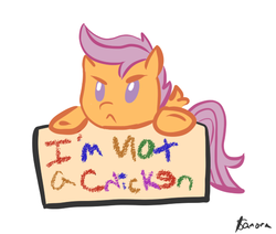 Size: 552x467 | Tagged: safe, artist:sanora, scootaloo, pegasus, pony, g4, :<, angry, cute, cutealoo, female, filly, frown, glare, leaning, looking at you, scootachicken, scootaloo is not amused, sign, simple background, solo, truth, underhoof, upset, white background