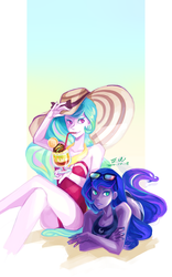 Size: 1000x1600 | Tagged: safe, artist:s0901, princess celestia, princess luna, human, g4, beach, bikini, clothes, humanized, one-piece swimsuit, pony coloring, swimsuit