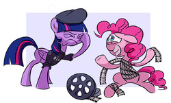 Size: 550x329 | Tagged: safe, artist:nukilik, pinkie pie, twilight sparkle, alicorn, pony, g4, beret, duo, female, film reel, mare, sheepish grin, technical difficulties, twilight sparkle (alicorn)