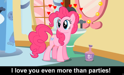 Size: 1600x973 | Tagged: safe, pinkie pie, earth pony, pony, g4, bronybait, caption, cs captions, female, heart, love, mare, solo