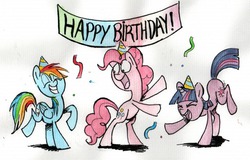 Size: 776x498 | Tagged: safe, artist:nukilik, pinkie pie, rainbow dash, twilight sparkle, earth pony, pegasus, pony, unicorn, g4, birthday, dancing, happy birthday, hat, party, party hat, rearing