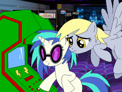 Size: 564x429 | Tagged: safe, artist:selenaede, derpy hooves, dj pon-3, vinyl scratch, pegasus, pony, g4, arcade, female, gaming, mare