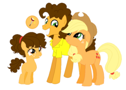 Size: 716x510 | Tagged: safe, artist:unoriginai, applejack, cheese sandwich, oc, g4, apple, apple family, blank flank, cheesejack, crack shipping, cute, cutie mark, family, female, filly, floppy ears, freckles, grin, happy, offspring, parent:applejack, parent:cheese sandwich, parents:cheesejack, shipping, smiling