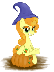 Size: 1131x1506 | Tagged: safe, artist:hip-indeed, carrot top, golden harvest, earth pony, pony, g4, female, hat, mare, pumpkin, sitting, solo, underhoof