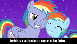 Size: 937x540 | Tagged: safe, artist:mlp-silver-quill, rainbow blaze, rainbow dash, g4, cute, daddy's girl, daddy's little girl, dashabetes, duo, filly, flapping, headcanon, nuzzling, snuggling, text, younger