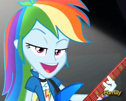 Size: 835x668 | Tagged: safe, screencap, rainbow dash, equestria girls, g4, my little pony equestria girls: rainbow rocks, awesome as i want to be, cropped, discovery family, discovery family logo, electric guitar, faic, female, guitar, musical instrument, rainbow sass, solo, top cunt