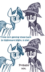 Size: 1280x2042 | Tagged: safe, artist:lilboulder, maud pie, trixie, pony, unicorn, g4, accessory swap, cape, clothes, comic, dialogue, female, hat, lesbian, mare, ship:mauxie, shipping, simple background, the great and powerful, trixie's cape, trixie's hat, white background