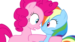 Size: 1268x714 | Tagged: dead source, safe, artist:stockingstreams, pinkie pie, rainbow dash, earth pony, pegasus, pony, equestria girls, g4, my little pony equestria girls: rainbow rocks, blank flank, duo, holding, hoof around neck, shocked, simple background, tell me your secrets, transparent background, vector, wide eyes