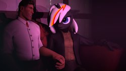 Size: 1280x720 | Tagged: safe, artist:shaboodleguitar, oc, oc only, oc:velvet remedy, anthro, fallout equestria, 3d, couch, female, male, medic, medic (tf2), shipping, source filmmaker, straight, team fortress 2