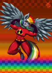 Size: 4960x7015 | Tagged: dead source, safe, artist:theonedzaan, rainbow dash, anthro, unguligrade anthro, g4, abs, absurd resolution, clothes, costume, crossover, female, flexing, grin, muscles, solo, spandex, spread wings, the incredibles