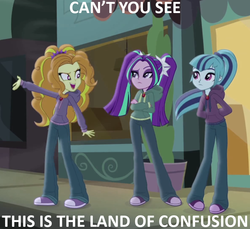 Size: 787x720 | Tagged: safe, screencap, adagio dazzle, aria blaze, sonata dusk, equestria girls, g4, my little pony equestria girls: rainbow rocks, clothes, diner, genesis, hoodie, land of confusion, lyrics, music, song in the comments, song reference, the dazzlings