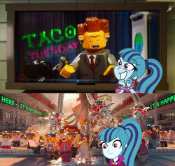 Size: 680x646 | Tagged: safe, sonata dusk, equestria girls, g4, my little pony equestria girls: rainbow rocks, expectation vs reality, glue, lego, lord business, only the dead can know peace from this evil, sonataco, starenata, taco, taco tuesday, that girl sure loves tacos, that siren sure does love tacos, the lego movie, thousand yard stare