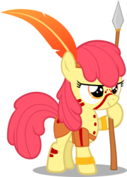 Size: 1595x2224 | Tagged: safe, artist:zacatron94, apple bloom, earth pony, pony, g4, barbarian, clothes, costume, face paint, female, filly, foal, halloween, halloween costume, hilarious in hindsight, holiday, nightmare night, nightmare night costume, predicted the show, simple background, solo, spear, transparent background, tribal, vector, warrior