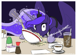 Size: 720x525 | Tagged: safe, artist:joieart, princess luna, alicorn, pony, g4, bomb ass noodles, caught, chopsticks, cute, eating, female, lunabetes, magic, majestic as fuck, mare, messy, messy eating, nom, noodles, ramen, slurping, solo