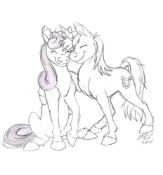 Size: 906x975 | Tagged: safe, artist:carnivorouscaribou, bon bon, lyra heartstrings, sweetie drops, g4, black and white, eyes closed, grayscale, hug, implied shipping, monochrome, sketch, smiling, traditional art