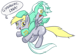 Size: 670x500 | Tagged: safe, derpy hooves, lyra heartstrings, pegasus, pony, g4, artifact, dialogue, female, flying, lyra riding derpy, mare, open mouth, ponies riding ponies, riding, simple background, speech bubble, transparent background