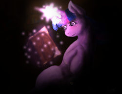 Size: 3300x2550 | Tagged: safe, artist:thunder-stream, twilight sparkle, g4, book, female, glowing horn, high res, horn, library, magic, night, solo, telekinesis
