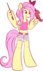 Size: 594x969 | Tagged: safe, artist:fizzy-dog, fluttershy, bird, anthro, unguligrade anthro, g4, belly button, clothes, female, midriff, shorts, solo, tank top