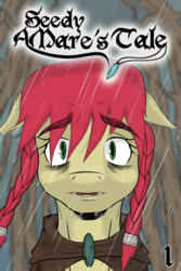 Size: 1280x1920 | Tagged: safe, artist:thethunderpony, oc, oc only, oc:seedy scrolls, a seedy mare's tale, bust, cover, cover art, dead tree, floppy ears, forest, looking at you, open mouth, portrait, rain, shocked, solo, tree