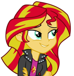 Size: 1062x1079 | Tagged: safe, sunset shimmer, equestria girls, g4, my little pony equestria girls: rainbow rocks, arms, breasts, bust, clothes, crossed arms, female, hand, leather jacket, lidded eyes, long hair, simple background, smiling, solo, teenager, teeth, top, transparent background