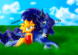 Size: 3786x2643 | Tagged: safe, artist:max, princess luna, g4, constellation, crossover, cute, grass, high res, lisa simpson, male, the simpsons, trade