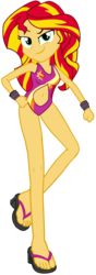 Size: 1905x5424 | Tagged: dead source, safe, artist:jake-brithgside, artist:kevintoons915, edit, sunset shimmer, human, equestria girls, g4, belly button, bikini, bracelet, breasts, clothes, eyebrows, feet, female, high res, jewelry, long legs, looking at you, navel cutout, one-piece swimsuit, sandals, show accurate, simple background, smiling, smiling at you, smirk, solo, swimsuit, transparent background