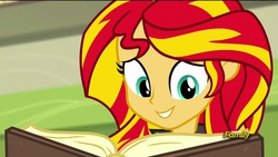 Size: 1920x1080 | Tagged: safe, screencap, sunset shimmer, equestria girls, g4, my little pony equestria girls: rainbow rocks, book, discovery family logo, female, journey book, smiling, solo, when she smiles