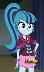 Size: 615x1008 | Tagged: safe, screencap, sonata dusk, equestria girls, g4, my little pony equestria girls: rainbow rocks, discovery family, discovery family logo, female, hand on hip, smiling, solo