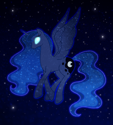 Size: 1722x1904 | Tagged: safe, artist:fimlie, princess luna, g4, female, glowing eyes, solo, space, spread wings