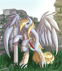 Size: 1750x2000 | Tagged: safe, artist:silverfox057, derpy hooves, pony, g4, bipedal, fantasy class, female, knight, ruins, solo, sword, warrior