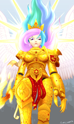 Size: 2481x4099 | Tagged: safe, artist:madthemike, artist:tarreth, princess celestia, human, absurd resolution, armor, awesome, burning blade, crown, female, god empress of ponykind, god-emperor of mankind, humanized, iron halo, jewelry, lightning claw, multicolored hair, power sword, praise the sun, purple eyes, regalia, solo, sword, tiara, warhammer (game), warhammer 40k, weapon, winged humanization, wings