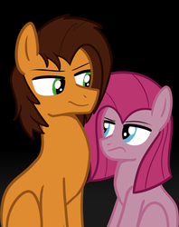 Size: 2046x2580 | Tagged: safe, artist:mishti14, cheese sandwich, pinkie pie, pony, g4, cheesamena, duo, female, high res, larger male, looking at each other, looking at someone, male, mare, pinkamena diane pie, simple background, size difference, smaller female, stallion