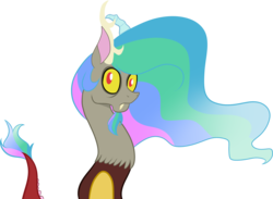 Size: 2964x2172 | Tagged: safe, artist:mishti14, discord, princess celestia, g4, alternate hairstyle, high res, mane swap