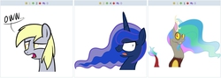 Size: 766x273 | Tagged: safe, derpy hooves, discord, princess luna, pegasus, pony, derpibooru, g4, exploitable meme, female, juxtaposition, juxtaposition win, mare, meme, meta