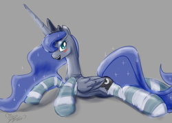 Size: 2992x2142 | Tagged: source needed, safe, artist:nadvgia, edit, princess luna, g4, bedroom eyes, blushing, clothes, colored, female, high res, i can't believe it's not johnjoseco, looking at you, lying, prone, signature, socks, solo, striped socks