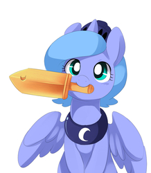 Size: 850x976 | Tagged: safe, artist:ende26, princess luna, alicorn, pony, g4, ask, cute, female, filly, looking at you, mouth hold, simple background, smiling, solo, spread wings, sword, tumblr, weapon, white background, wooden sword, woona, woona knight
