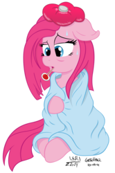 Size: 3084x4632 | Tagged: dead source, safe, artist:cyanyeh, artist:gretsch1962, pinkie pie, g4, backwards thermometer, blanket, cute, cuteamena, diapinkes, female, ice pack, pinkamena diane pie, sick, simple background, sitting, solo, thermometer, transparent background