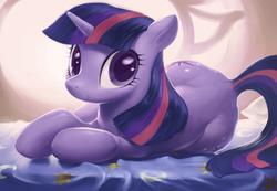 Size: 2000x1386 | Tagged: safe, artist:bluedrg19, twilight sparkle, pony, unicorn, g4, bed, both cutie marks, butt, cute, female, flank, hips, looking at you, lying down, mane, mare, on side, plot, raised tail, smiling, solo, tail, the ass was fat, twiabetes, twibutt