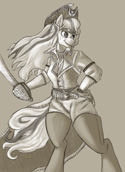 Size: 726x1000 | Tagged: safe, artist:pseudosharp, applejack, earth pony, anthro, g4, clothes, cutlass, female, hat, monochrome, pirate, pirate hat, solo