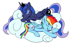 Size: 1024x635 | Tagged: safe, artist:tranquilmind, princess luna, rainbow dash, alicorn, pegasus, pony, g4, cloud, cutie mark, duo, eyes closed, female, grin, hooves, horn, lying on a cloud, mare, nap, on a cloud, open mouth, prone, simple background, sleeping, smiling, transparent background, wings