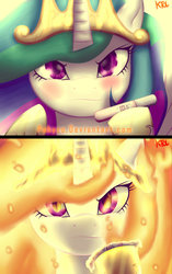 Size: 1600x2542 | Tagged: safe, artist:pshyzomancer, princess celestia, alicorn, pony, g4, blushing, female, frown, glare, glowing eyes, looking at you, mane of fire, mare, melting, pregnancy test, pregnancy test meme, prime celestia, solo, this will end in incineration, this will end in tears