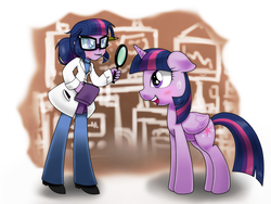 Size: 1800x1350 | Tagged: safe, artist:hoyeechun, sci-twi, twilight sparkle, alicorn, human, pony, equestria girls, g4, my little pony equestria girls: rainbow rocks, blushing, clothes, female, glasses, human ponidox, lab coat, magnifying glass, mare, open mouth, square crossover, sweat, sweatdrop, twilight sparkle (alicorn), twolight