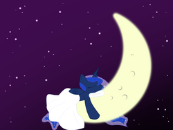 Size: 1600x1200 | Tagged: safe, artist:frenkieart, princess luna, g4, blanket, female, moon, pillow, prone, sleeping, solo, tangible heavenly object