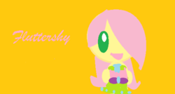 Size: 486x260 | Tagged: safe, fluttershy, g4, chibi, clothes, female, hair over one eye, simple background, solo, text, yellow background